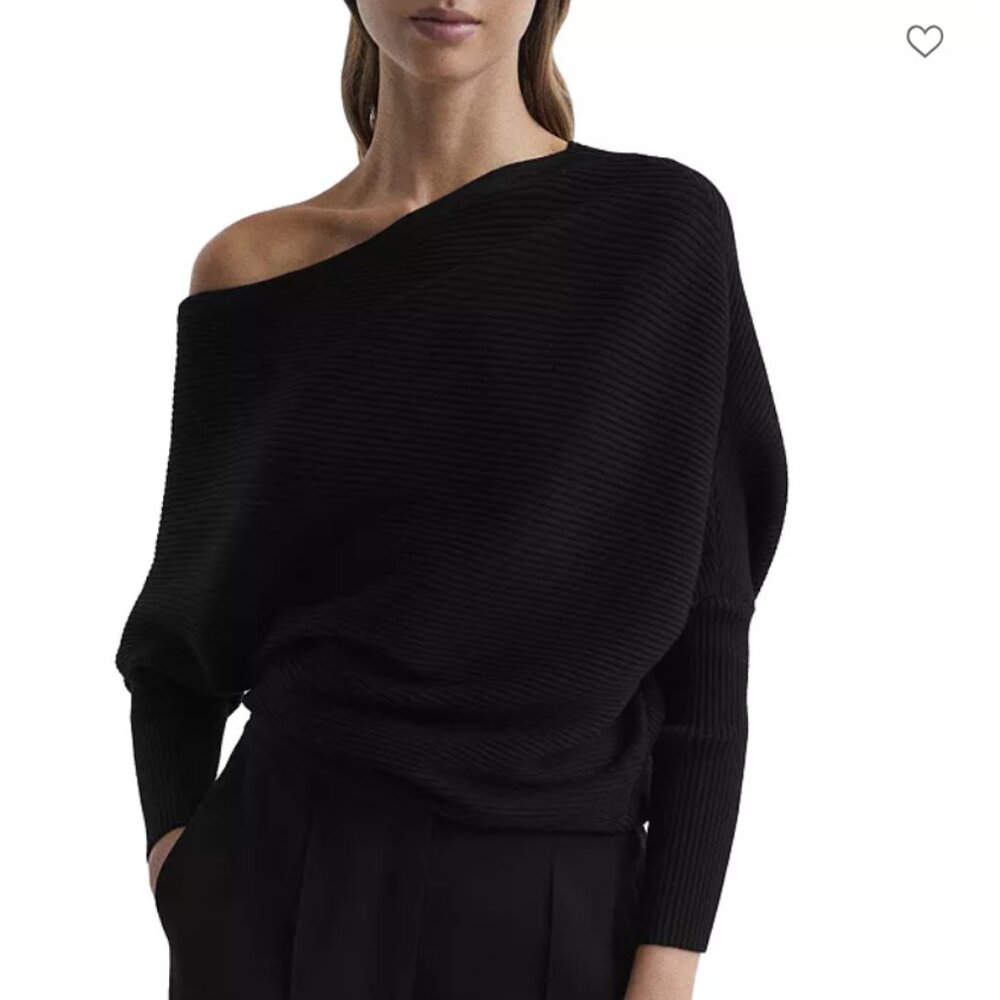 REISS Lorna Asymmetric Draped Knitted Jumper in Black (XS)